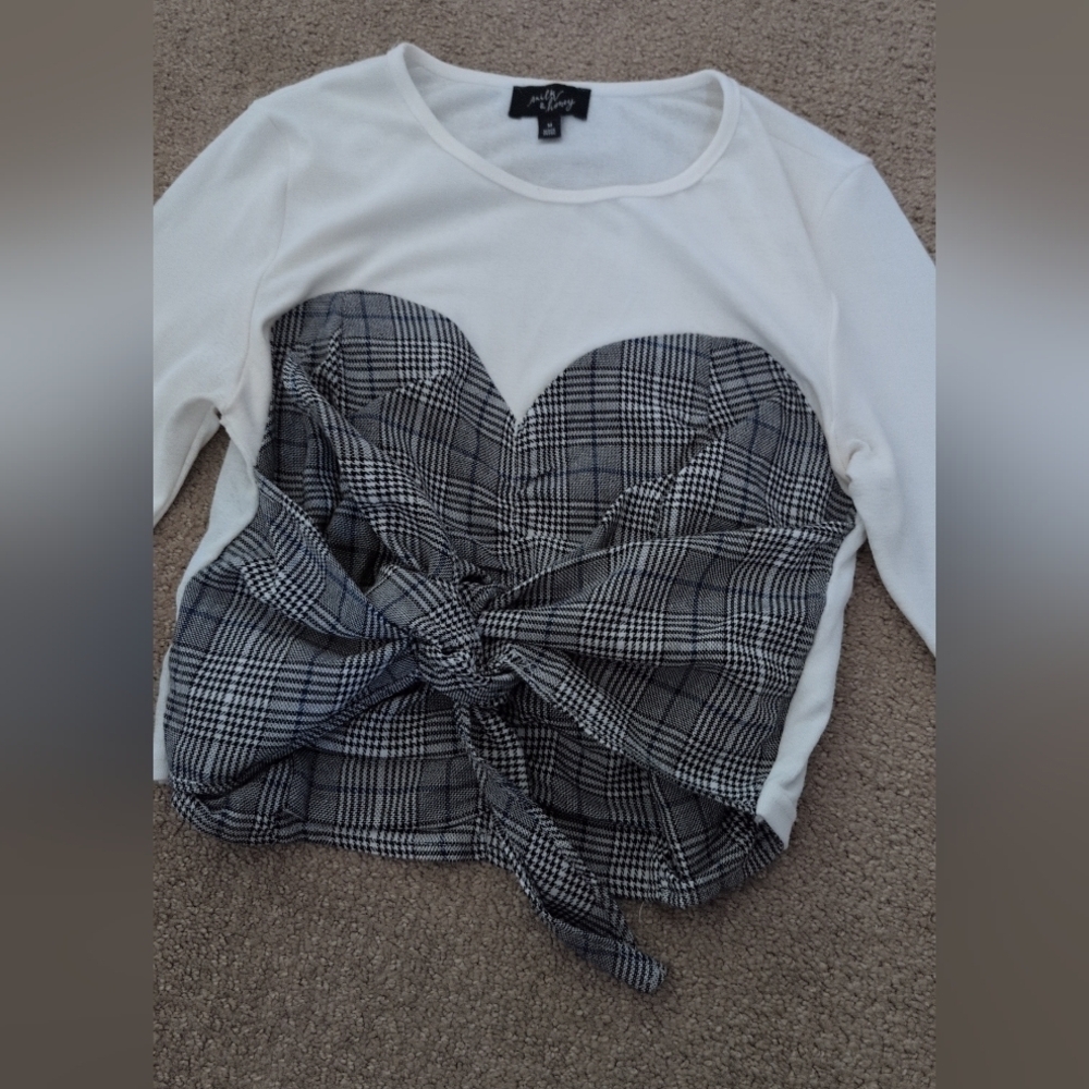 Shoedazzle Milk & Honey Long Sleeve Plaid Tie Waist Bustier Crop Top - Picture 7 of 11